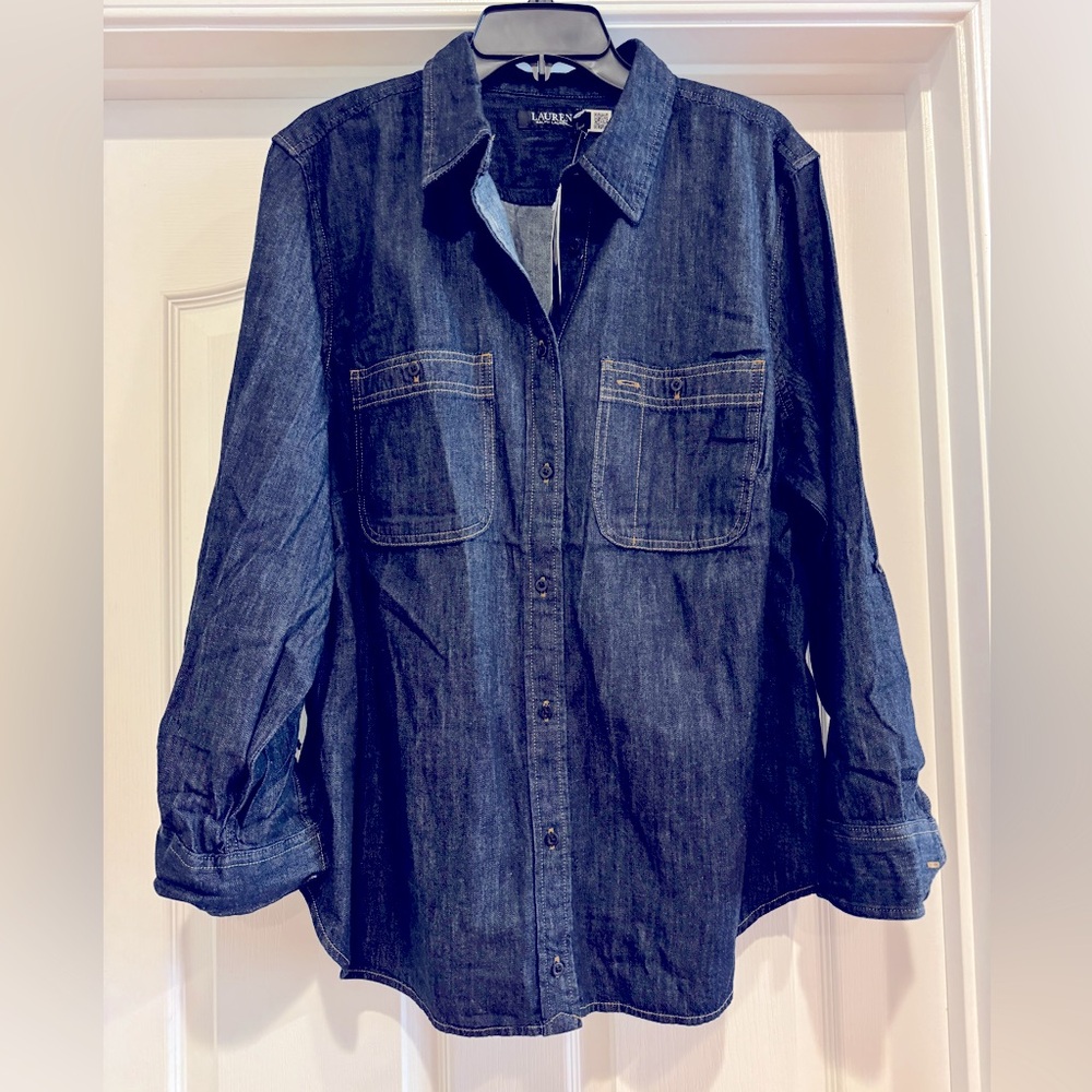Women’s blue Jean button down shirt, excellent condition; NWT- size 2X